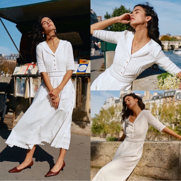 Hot Picks‼️Simple Retro Fiona Cotton White Midi Dress, Sz M, Wedding, Parisian - Picture 5 of 12